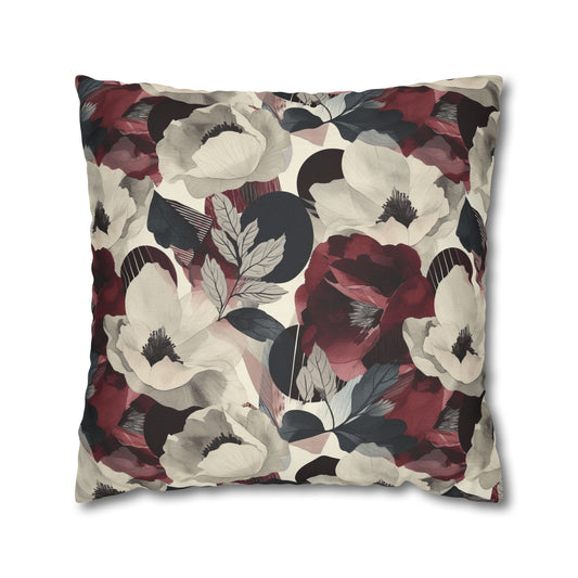 Elegant Vintage Floral Blooms in Wine, Cream and Charcoal Print Spun Polyester Square Pillowcase 4 Sizes