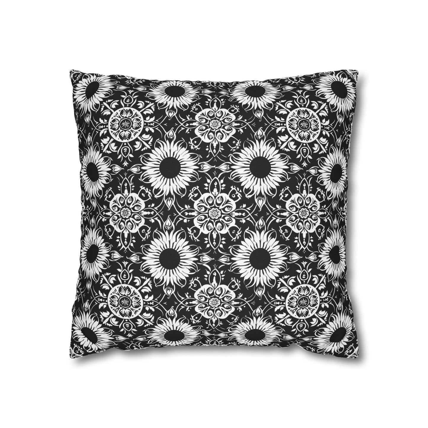 Elegant Mandala Design with Black and White Sunflowers Spun Polyester Square Pillowcase 4 Sizes