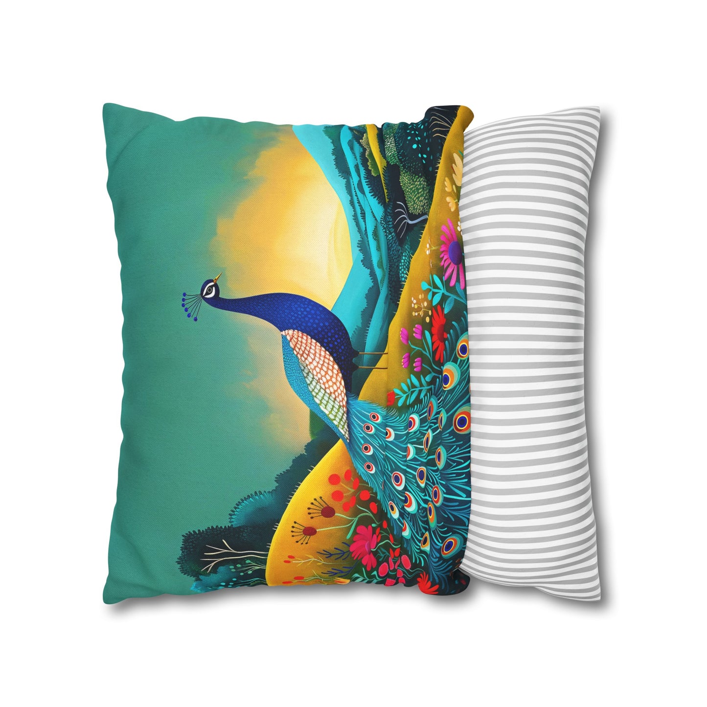 Radiant Peacock with Colorful Enchanted Garden and Sunrise Spun Polyester Square Pillowcase 4 Sizes