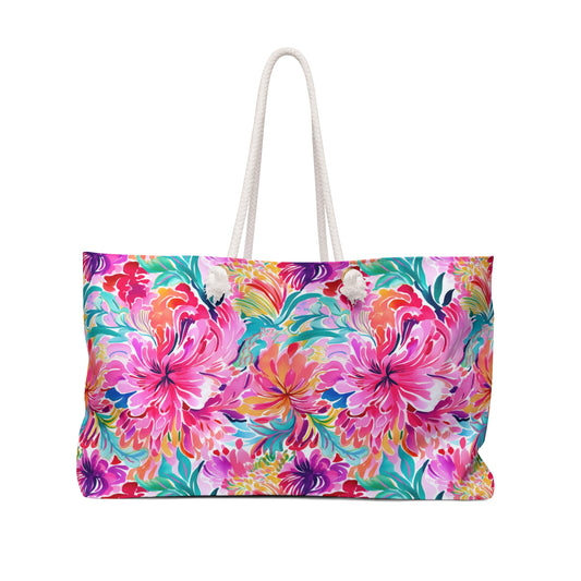 Rainbow Tropics: Watercolor Flowers in Vibrant Pink, Green and Orange Hues Oversized Weekender Bag