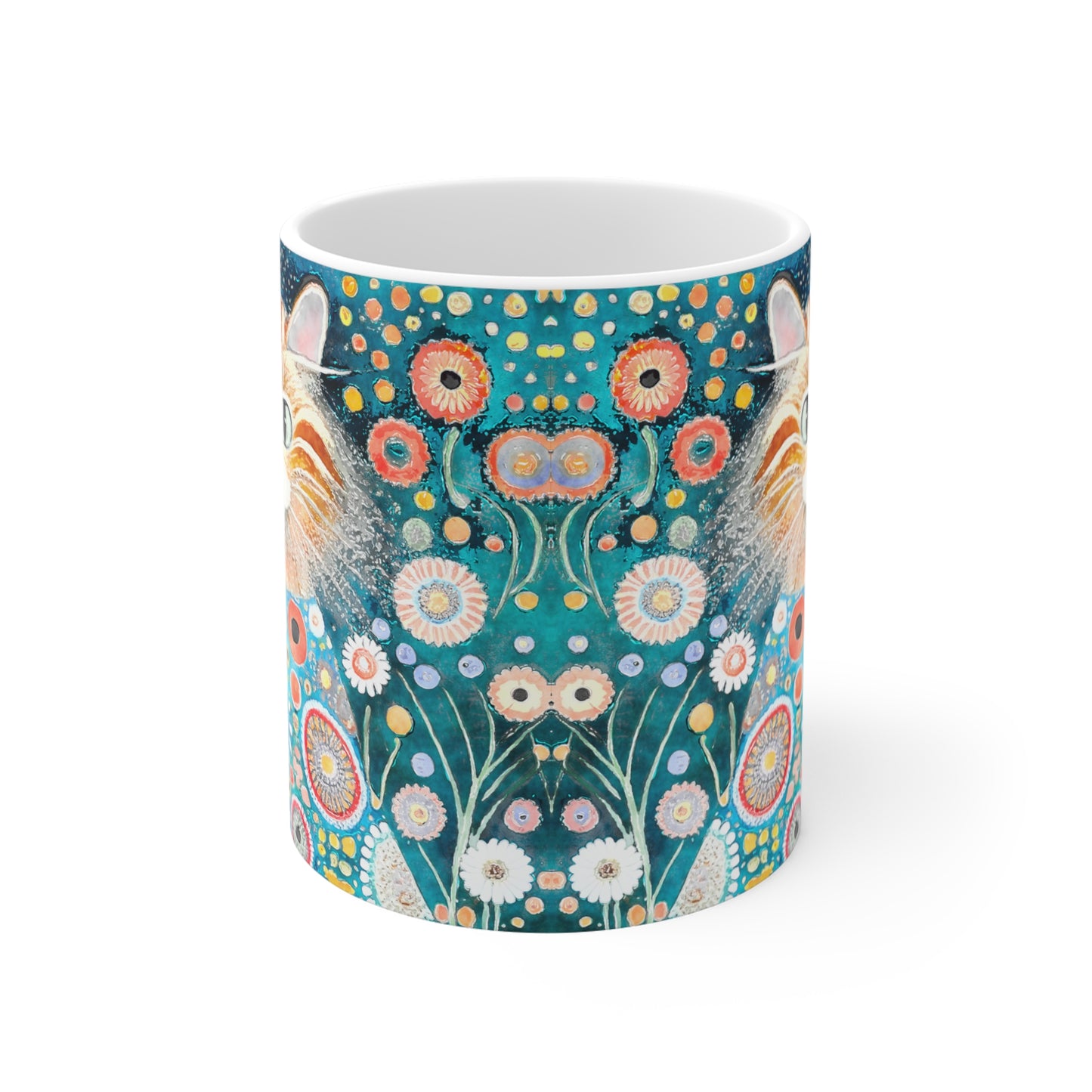 Whimsical Retro Flowers and Yellow Cat in Style of Klimt  - 11 oz Coffee