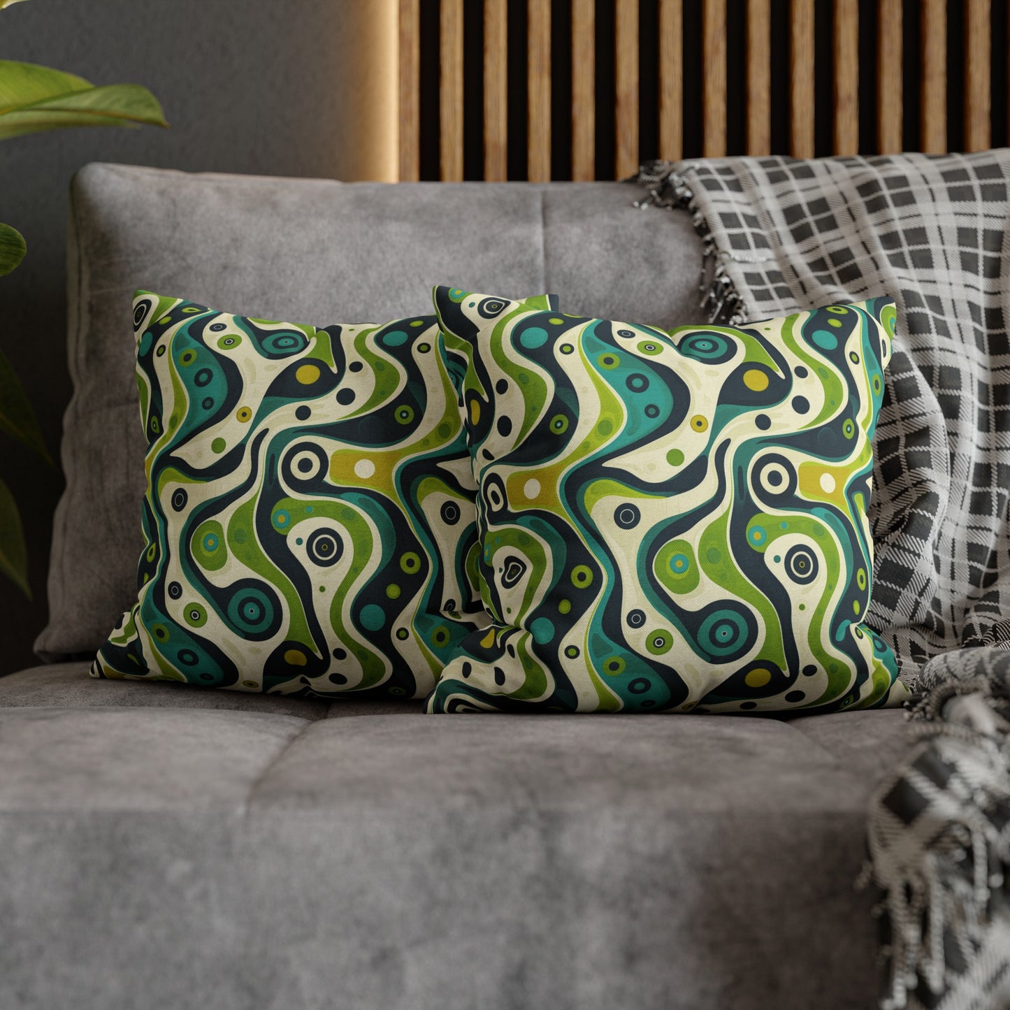 Groovy Retro Greens and Blues Abstract Waves Spun Polyester Square Pillowcase 4 Sizes