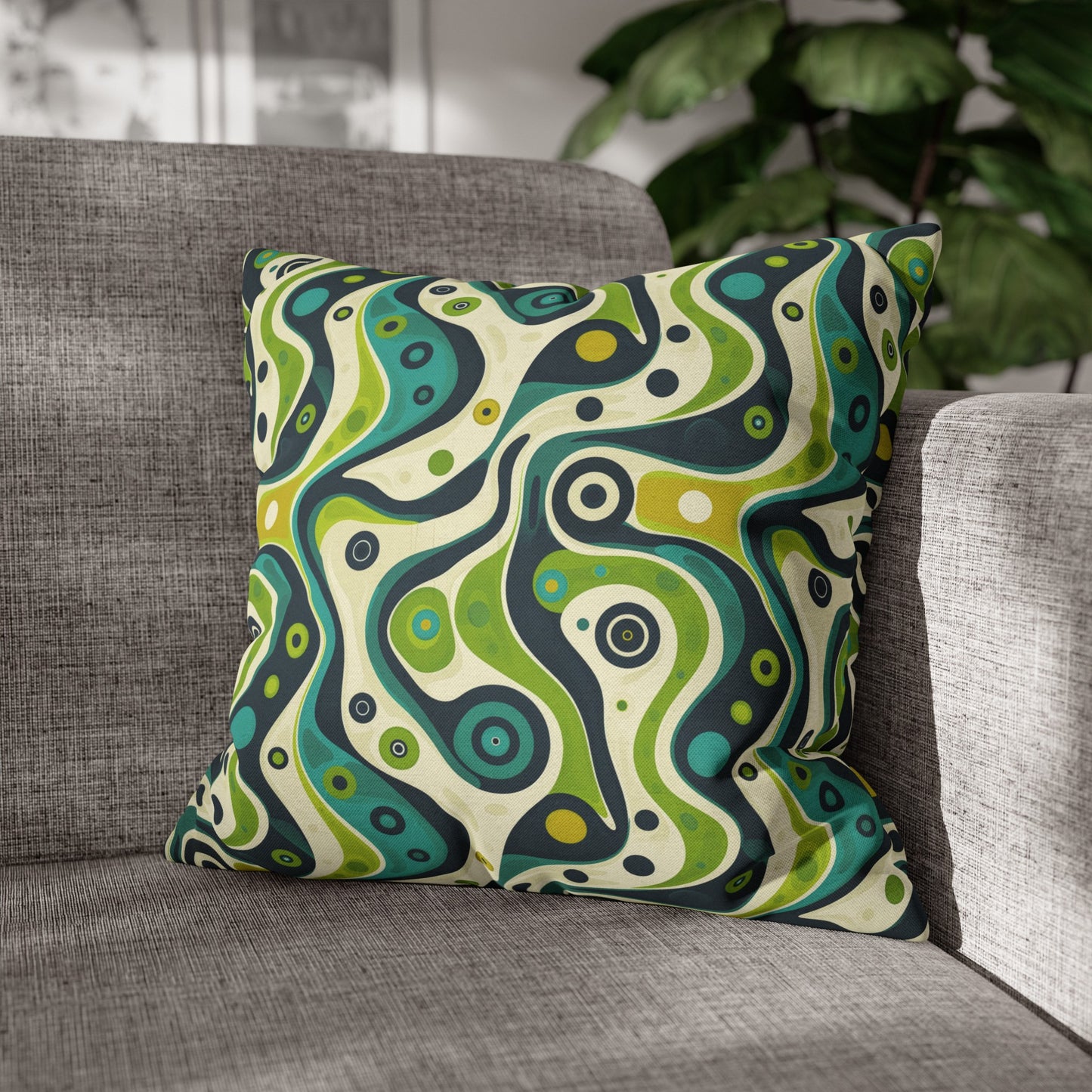 Groovy Retro Greens and Blues Abstract Waves Spun Polyester Square Pillowcase 4 Sizes