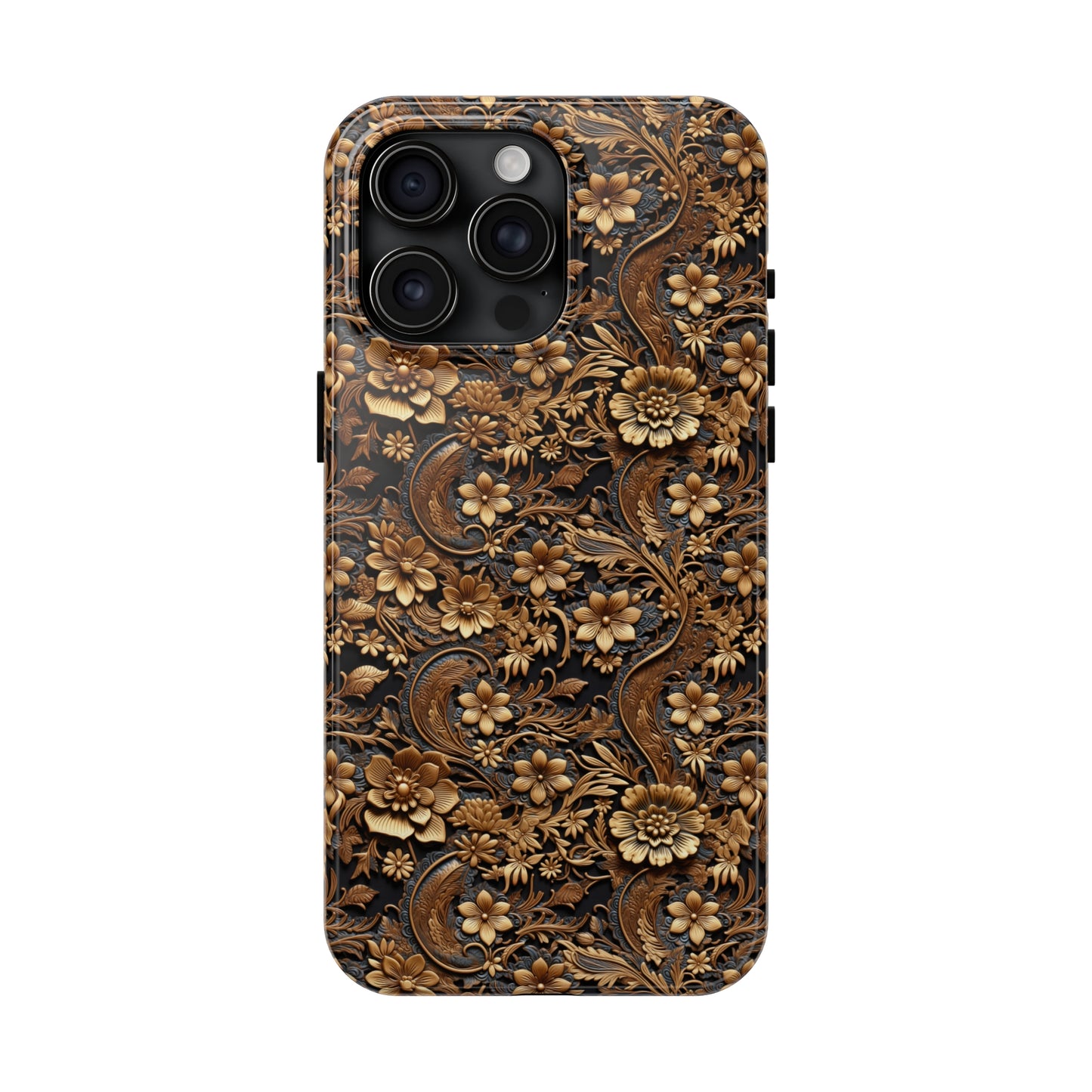 Tooled Leather Large Gold Flowers with Blue Leaf Swirl Accents Print Design Iphone Tough Phone Case