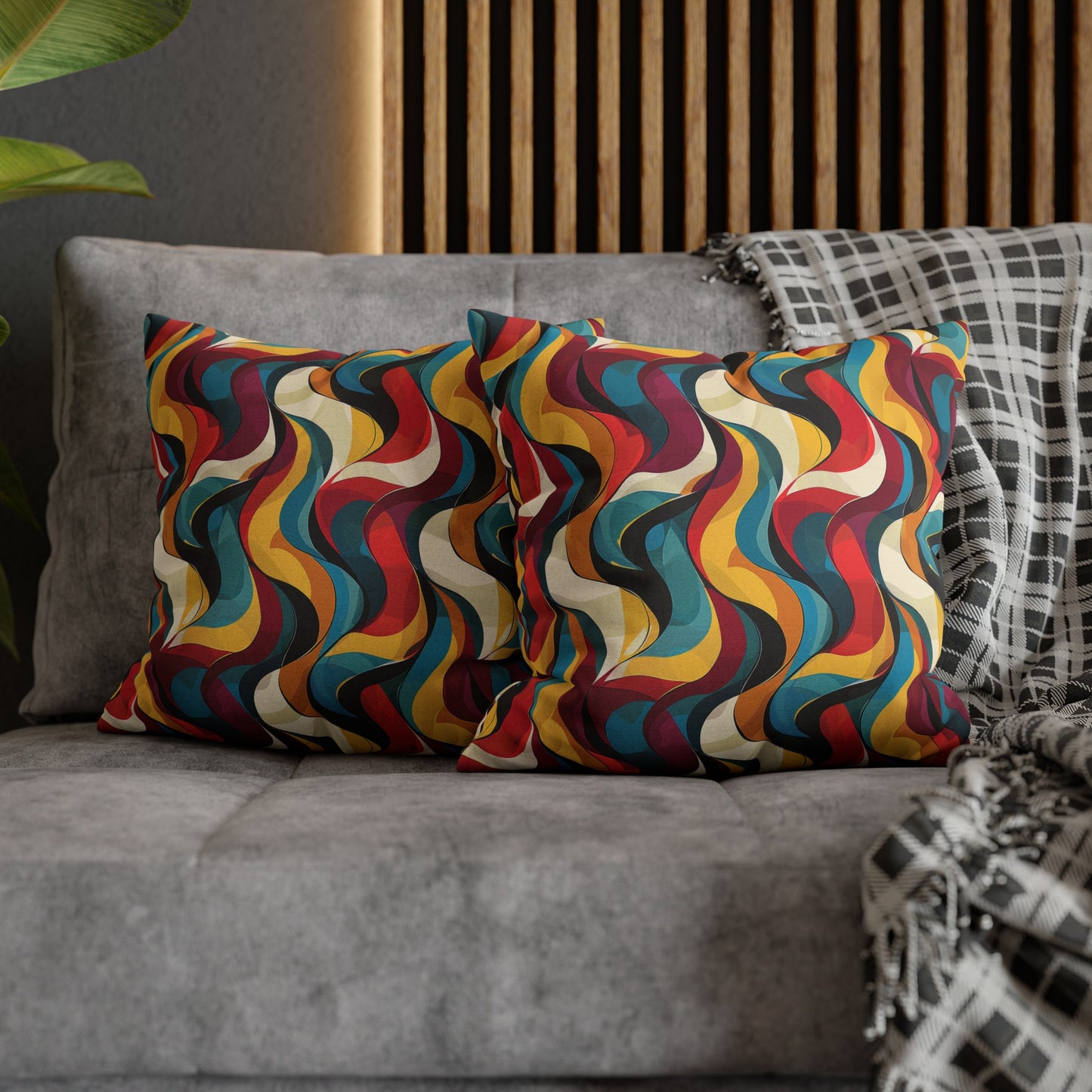 Retro Chic Vintage Blues, Reds and Yellow Waves Spun Polyester Square Pillowcase 4 Sizes