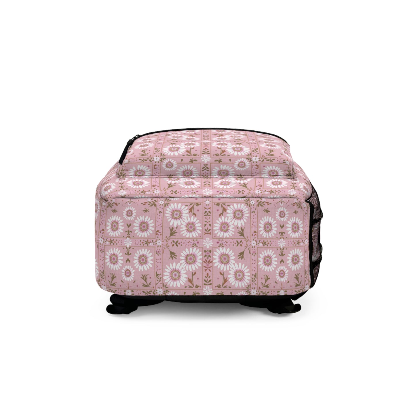 Charming Daisy Pink and White Floral Tile Pattern Lightweight Stylish Durable Backpack (Made in USA)