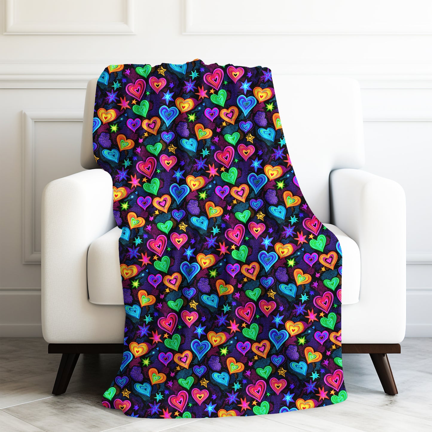 Neon Hearts and Stars Print Velveteen Plush Blanket 3 Sizes