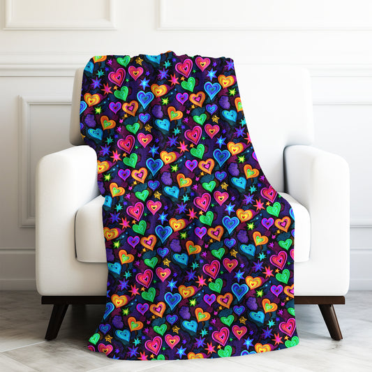 Neon Hearts and Stars Print Velveteen Plush Blanket 3 Sizes