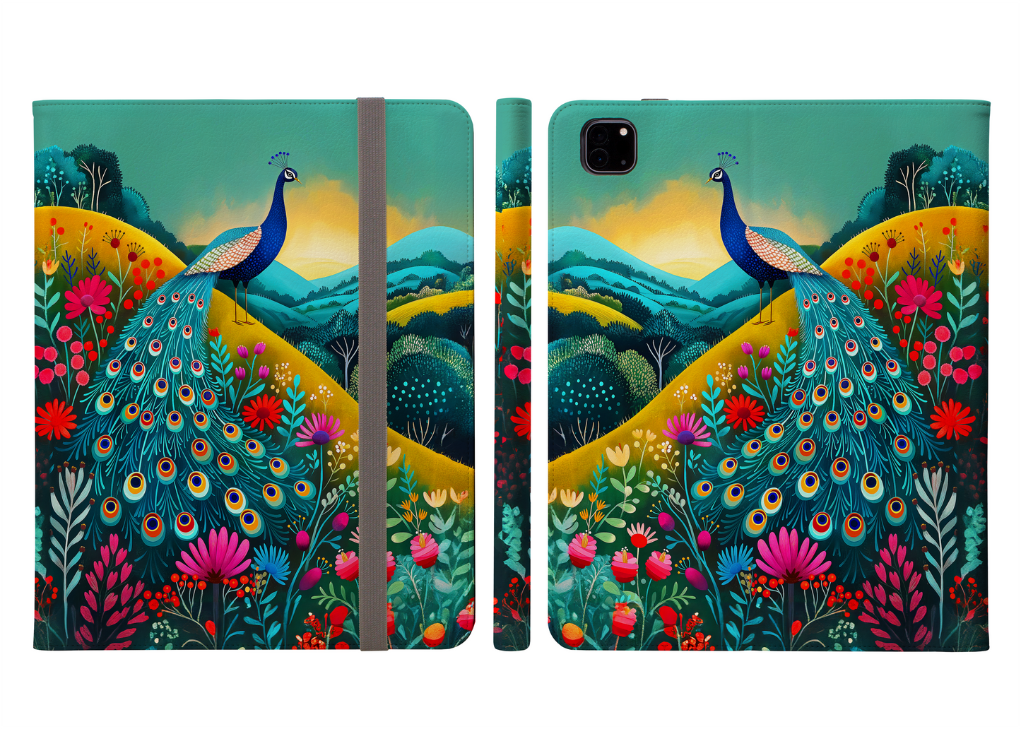 Radiant Peacock with Colorful Enchanted Garden and Sunrise Protective iPad Pro 11 & Pro 12.9 Protective Case and Pencil Holder