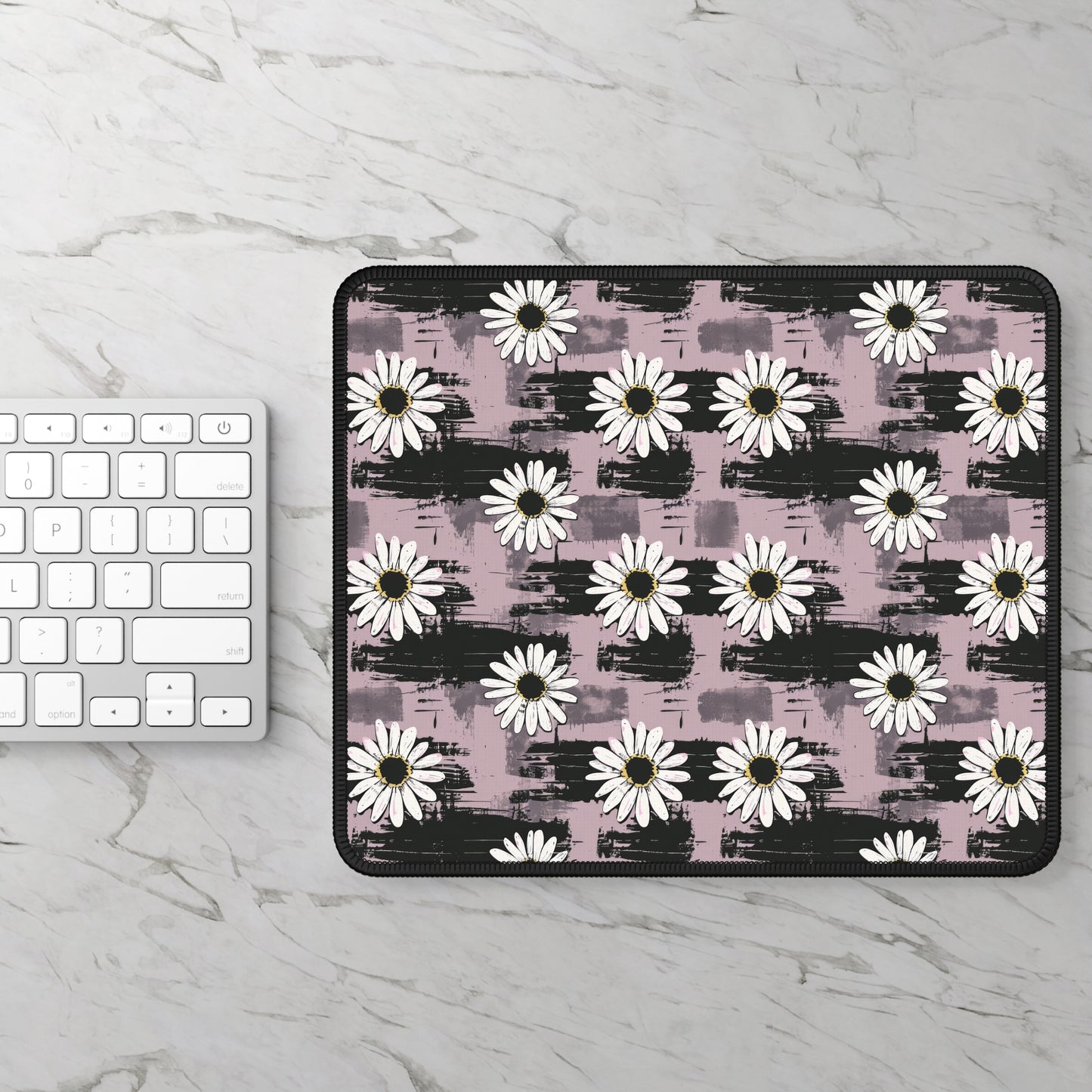 Edgy Daisy Dream with Pink and Black Grunge Design Gaming Mouse Pad with Finished Edges