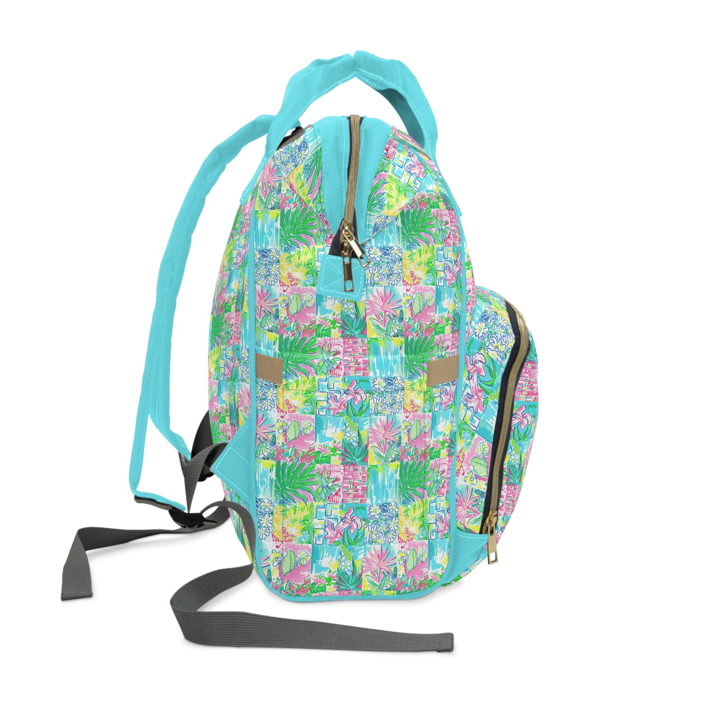 Whimsical Palm Trees and Flowers in Vibrant Pink, Teal, and Green Collage Multifunctional Diaper Backpack