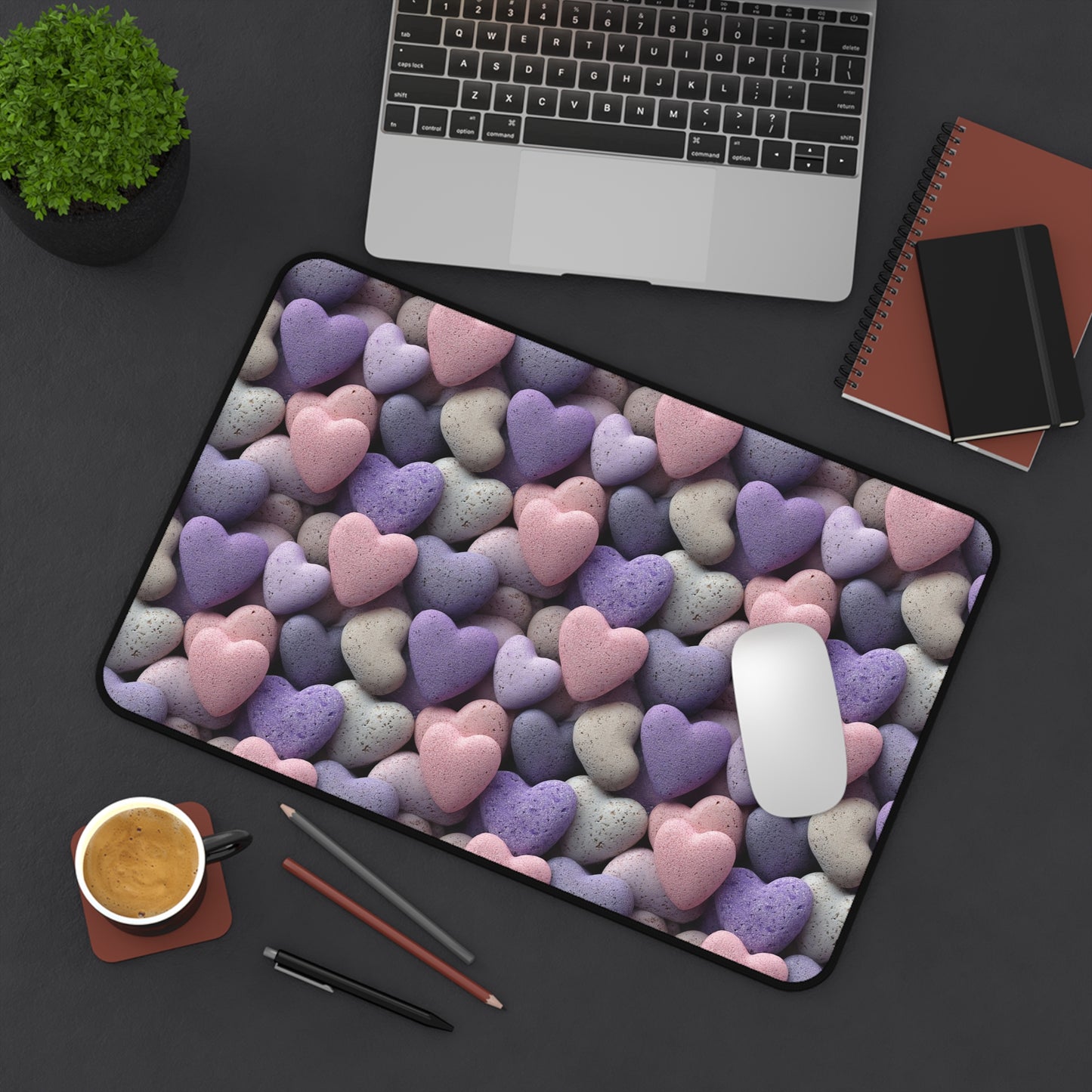 Hearts of Stone Deskmat , Rock Heart Desk Decoration, Floral Large Mousepad, Gaming Desk Mat, Desktop Accessory