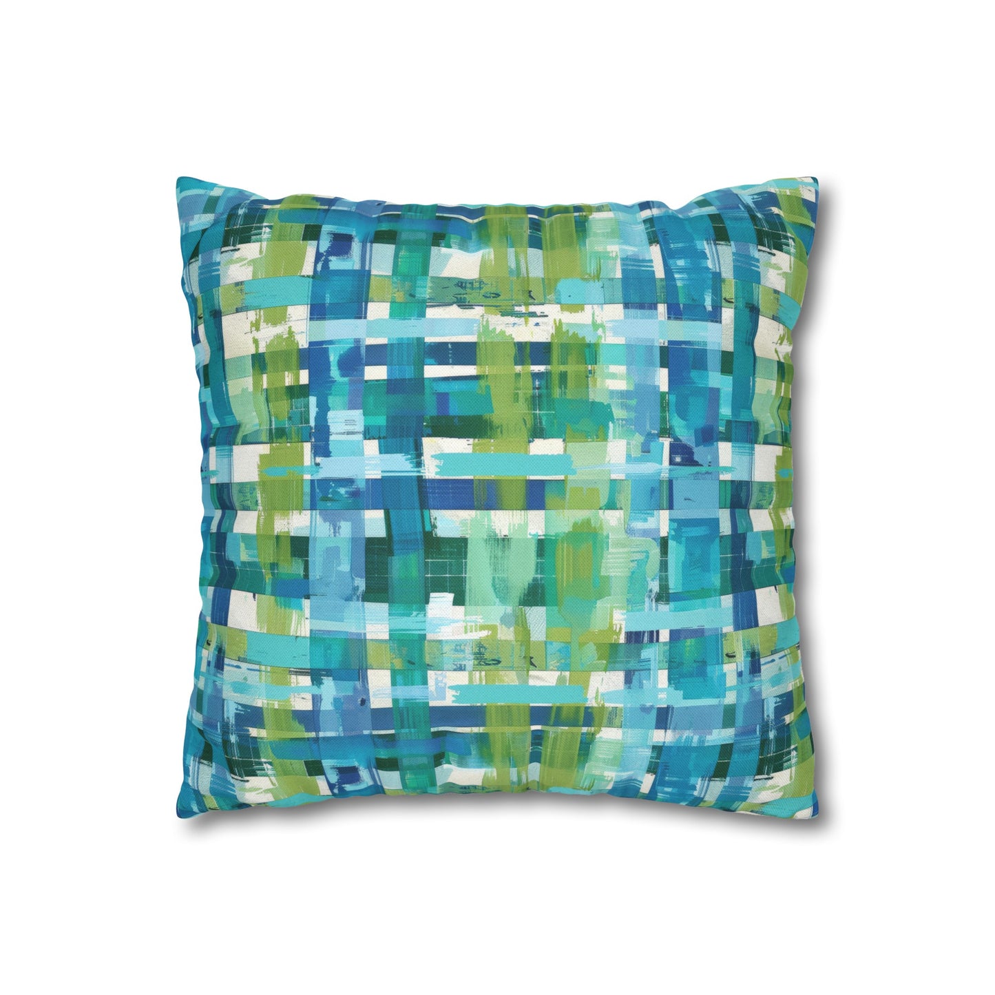 Enchanted Lagoon: Vibrant Green and Blue Abstract Plaid Spun Polyester Square Pillowcase 4 Sizes