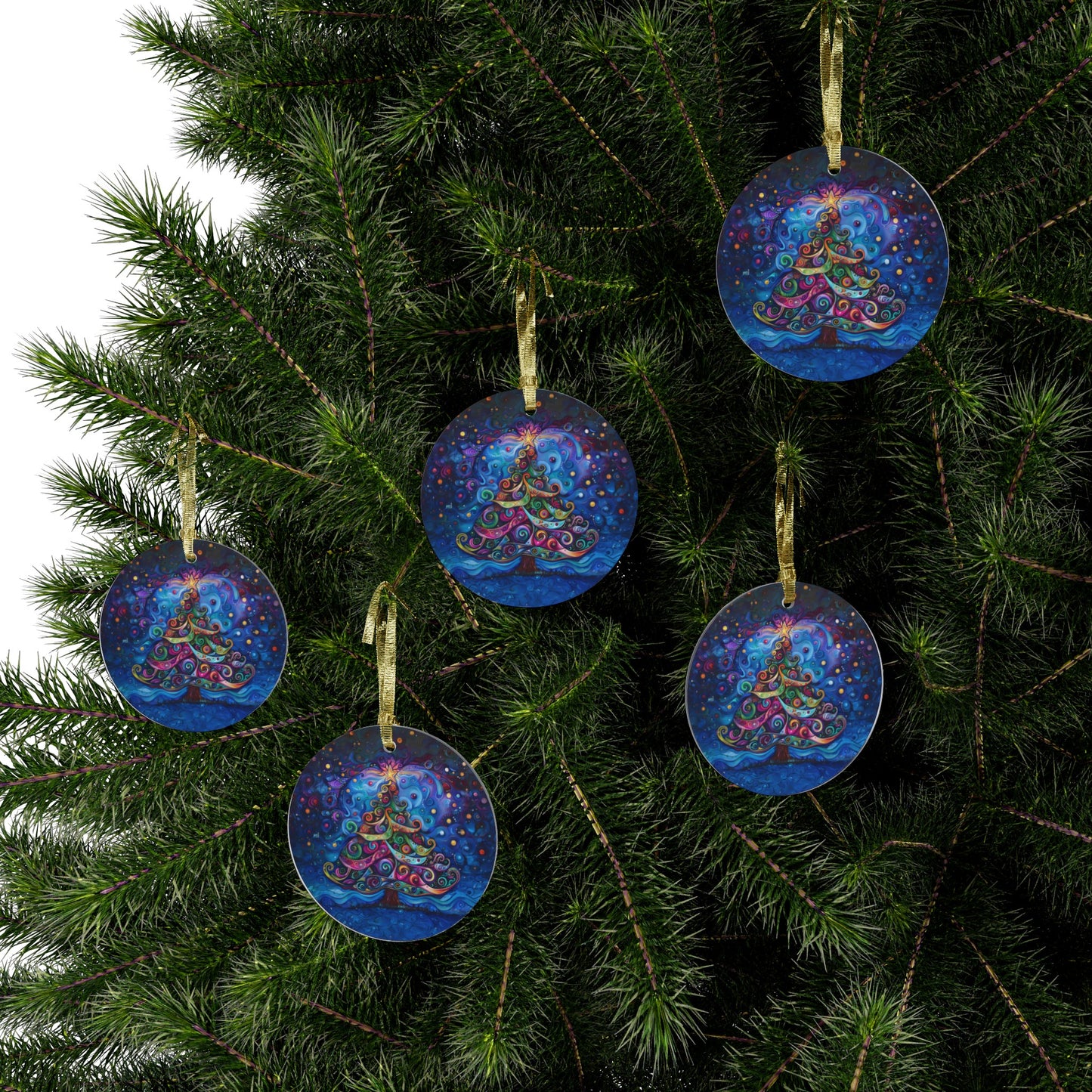 Christmas Tree Sparkling Amidst Vibrant Stars and Purple Hues Acrylic Ornaments 1, 5, 10, 25, and 50 pieces