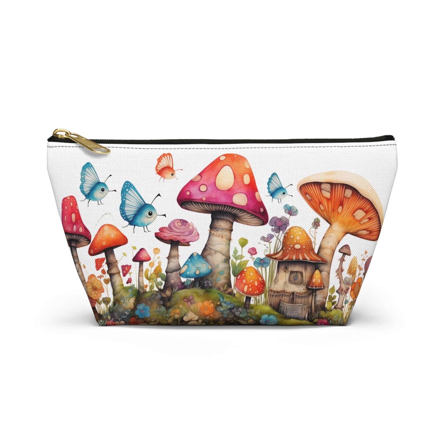 Enchanting Mushroom Cottage Adorned with Butterflies and Toadstools - Makeup & Accessory Bag 2 Sizes