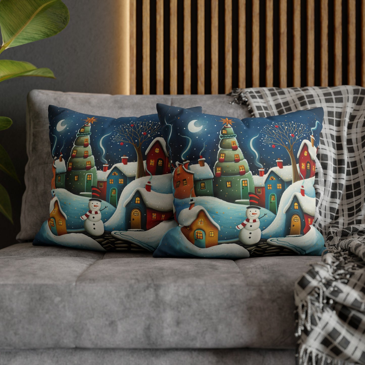 Starry Snowman Serenade: Village under a Starry Night Sky Spun Polyester Square Pillowcase 4 Sizes