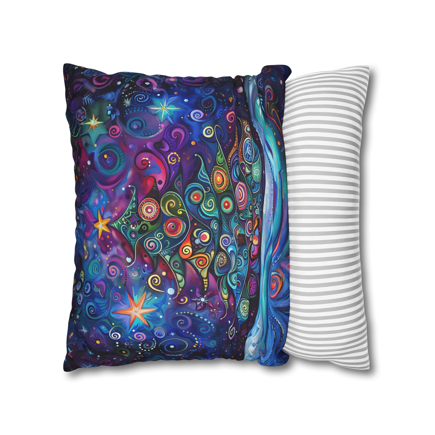 Christmas Tree in Magical Purple Hues, Sparkling Amidst Vibrant Stars Spun Polyester Square Pillowcase 4 Sizes