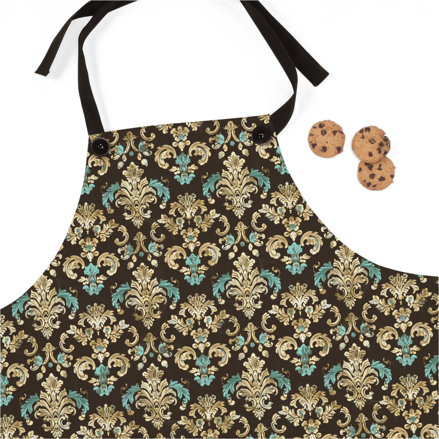 Luxurious Rococo Pattern of Ornate Brown and Teal Floral Scroll Design Kitchen Chef Apron