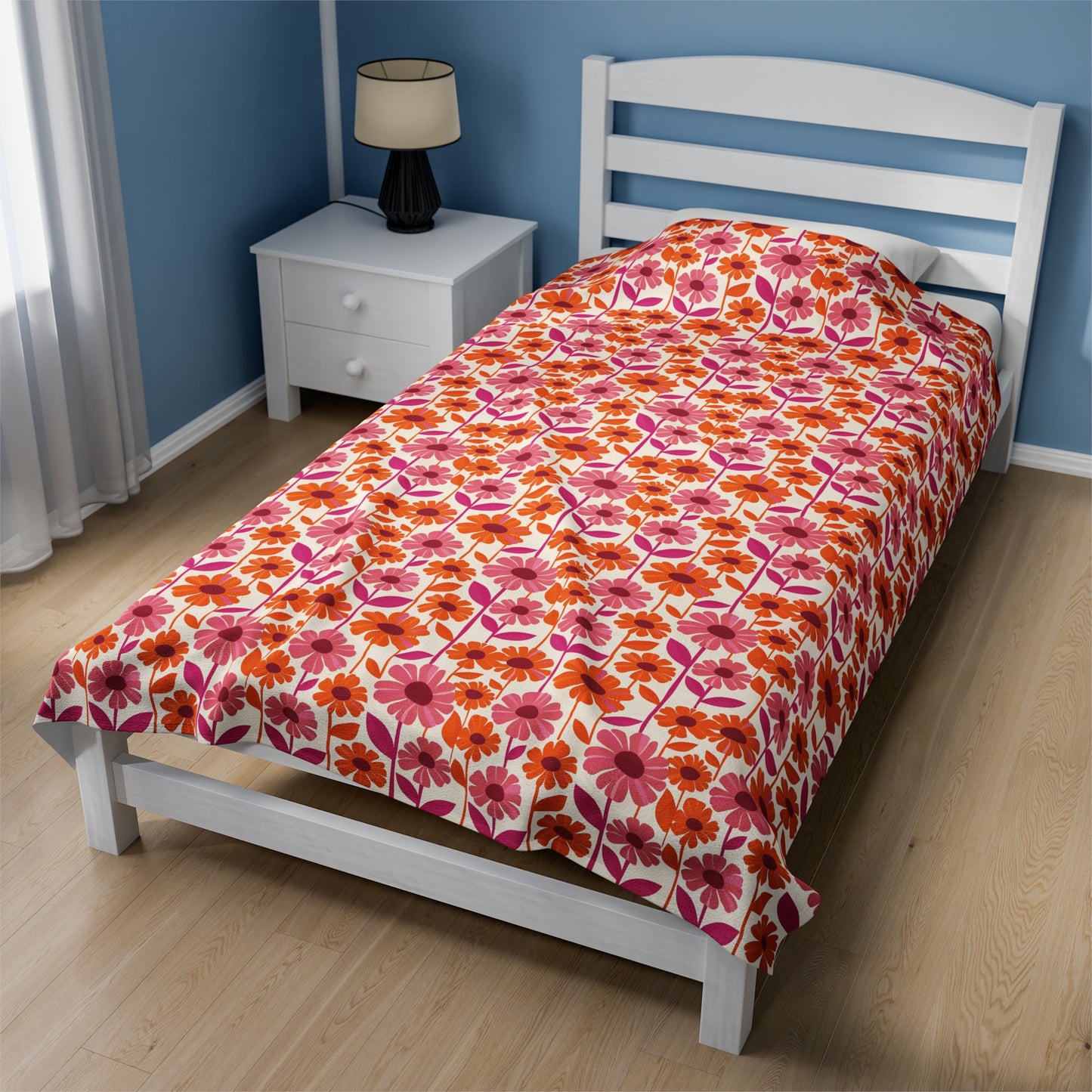 Retro Floral Bliss with Bold Pink and Orange Flower Design Velveteen Plush Blanket 3 Sizes