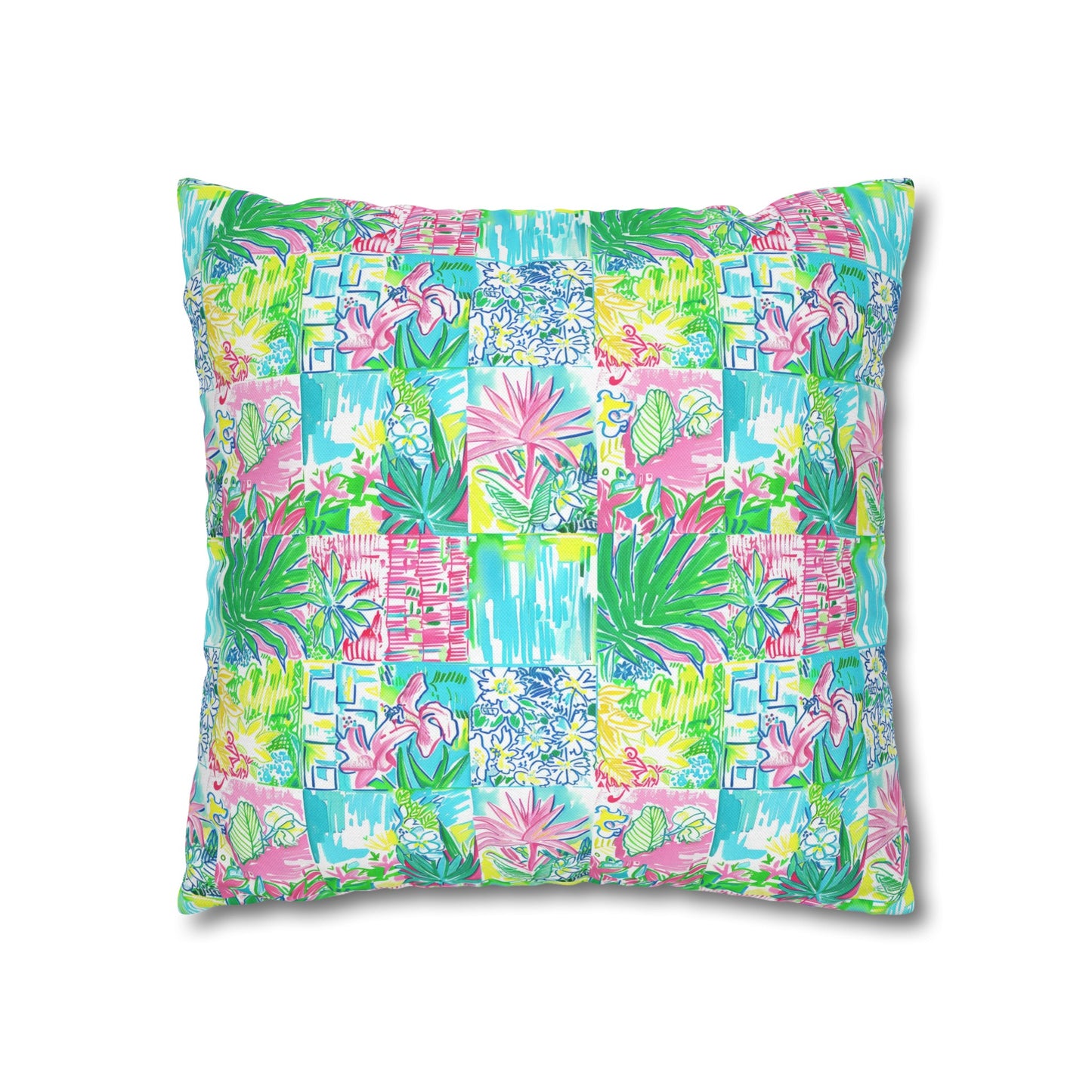 Whimsical Palm Trees and Flowers in Vibrant Pink, Teal, and Green Collage Spun Polyester Square Pillowcase 4 Sizes