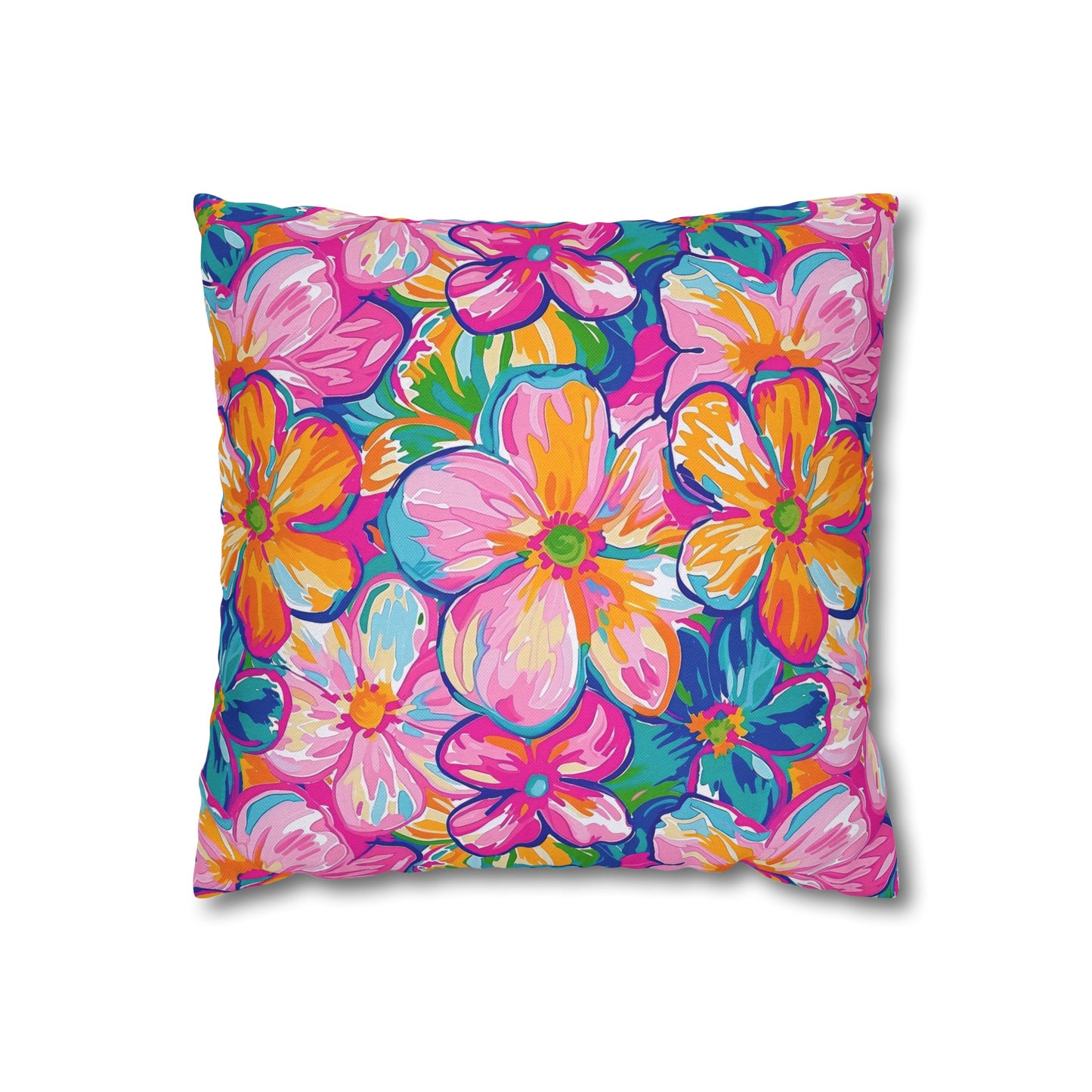 Chromatic Blossoms: Large Watercolor Flowers in Mixed Pinks, Blues, and Oranges Spun Polyester Square Pillowcase 4 Sizes