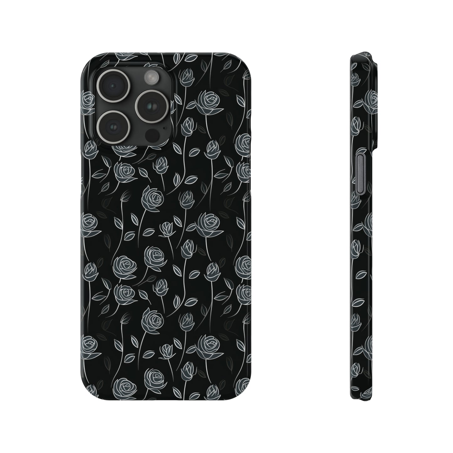 Contrasting Elegance: White Outlined Roses on a Black Background Iphone 15-12 Slim Phone Case