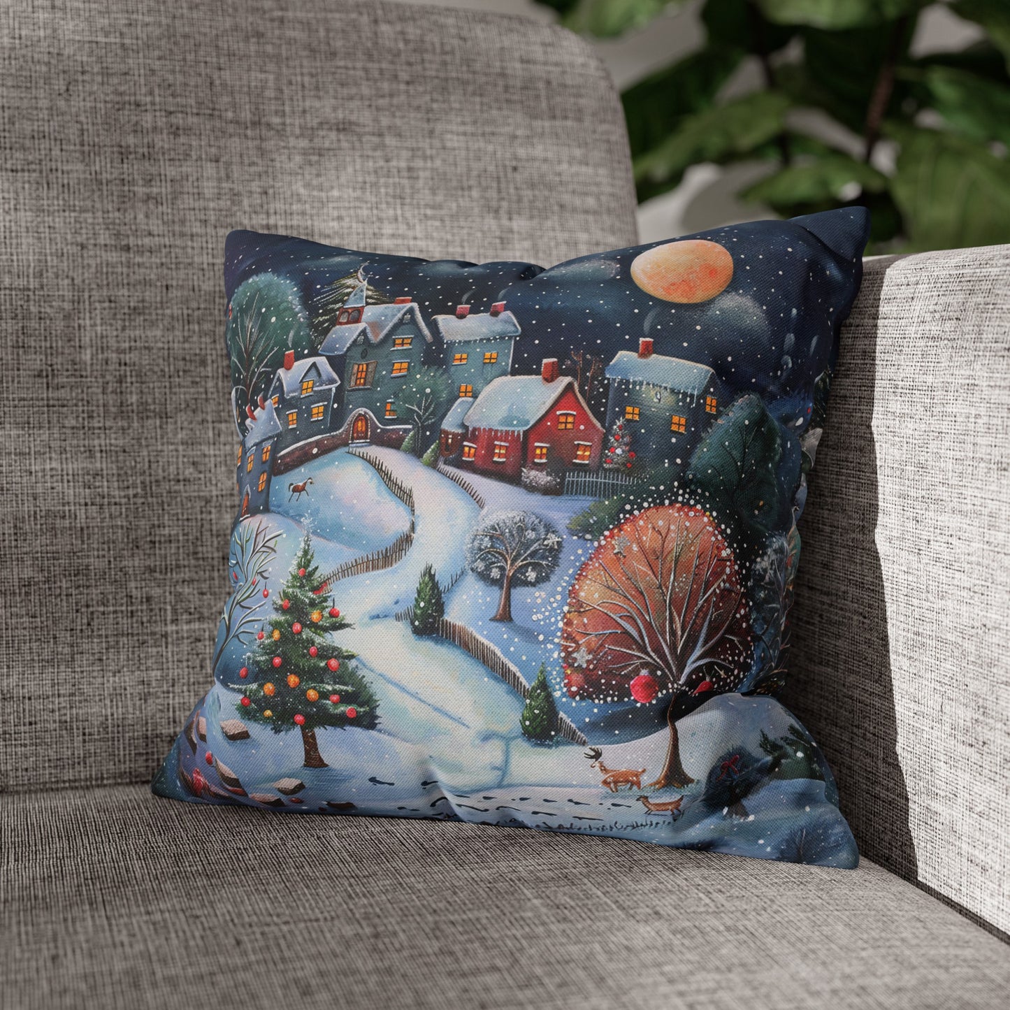 Snowy Serenade: Town at Winter Night with Reindeer Amidst the Snow  Spun Polyester Square Pillowcase 4 Sizes