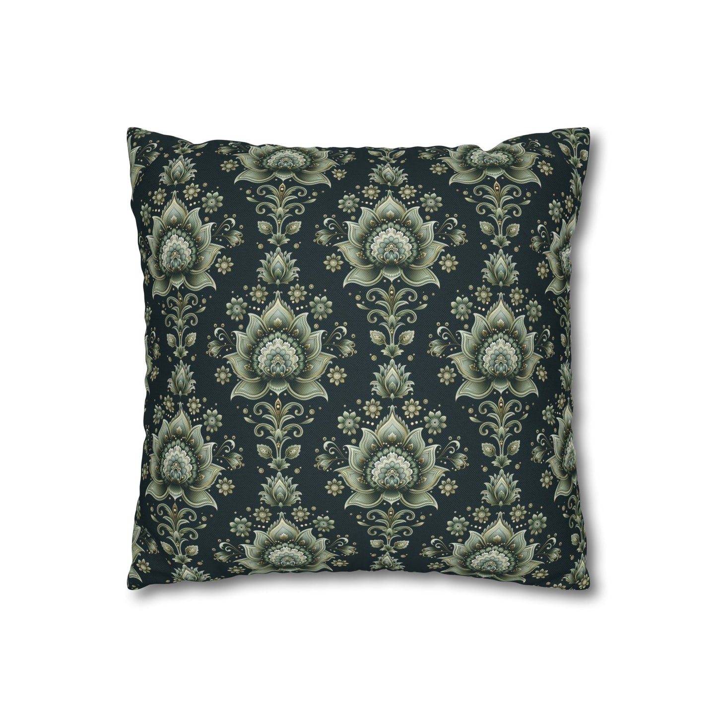 Ornate Green Mandala with Golden Accents on Dark Background Polyester Square Pillowcase 4 Sizes