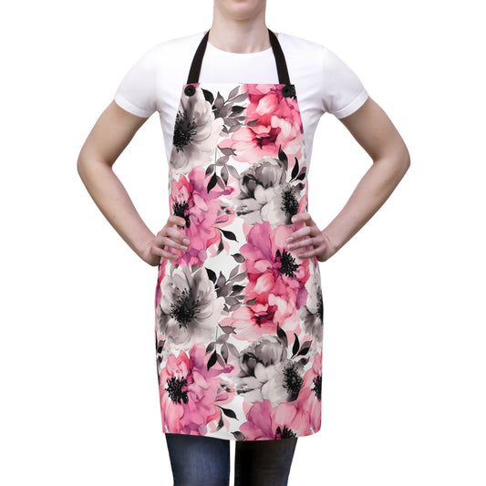 Graceful Elegance: Large Pink and Grey Watercolor Flower Design - Kitchen Chef Apron