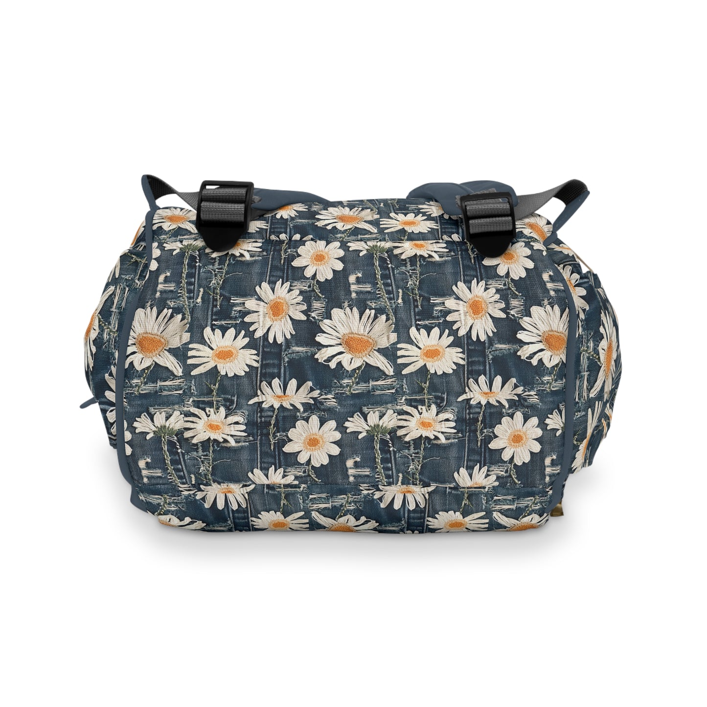 Daisy Dreams: Worn Dark Denim with White Embroidered Daisies Multifunctional Diaper Backpack