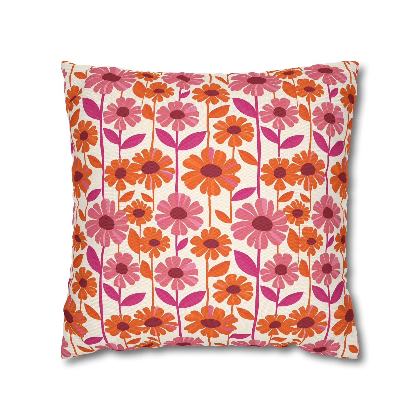 Retro Floral Bliss with Bold Pink and Orange Flower Design Spun Polyester Square Pillowcase 4 Sizes