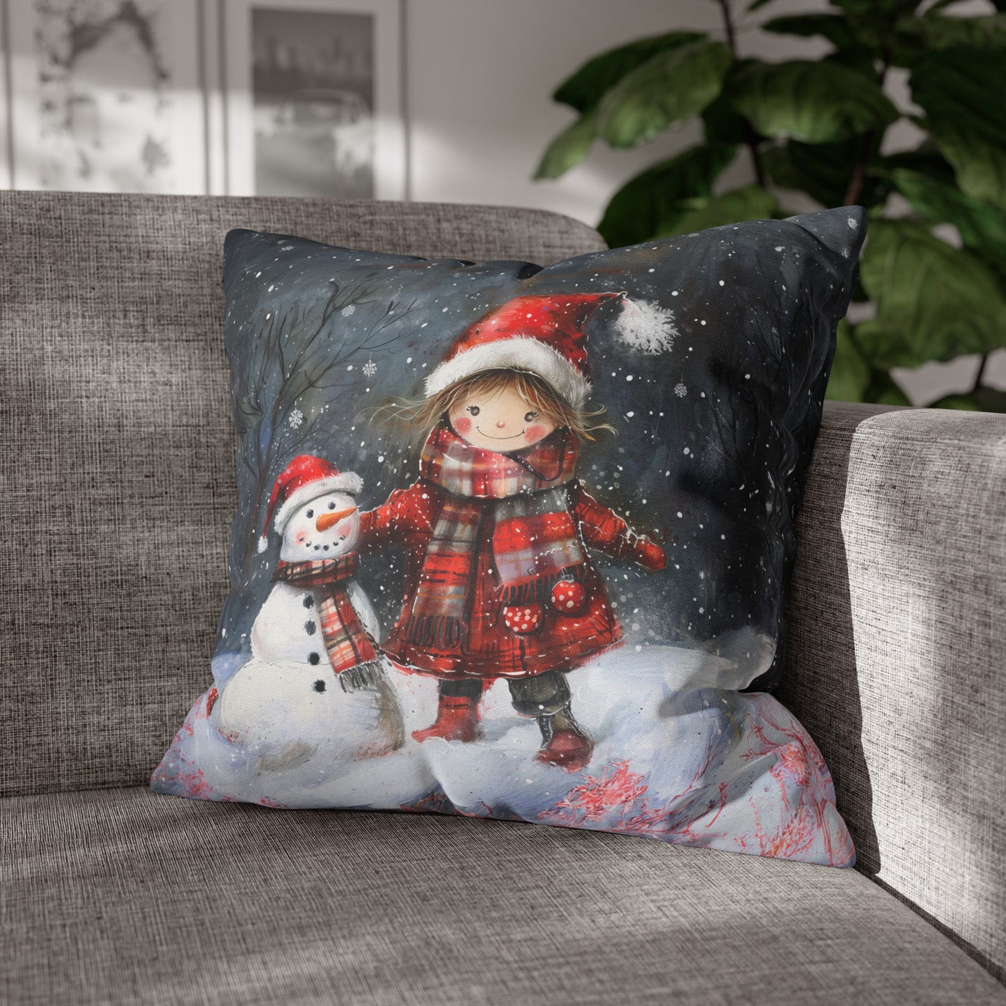 Little Girl and Snowman Sharing Winter's Wonder Spun Polyester Square Pillowcase 4 Sizes