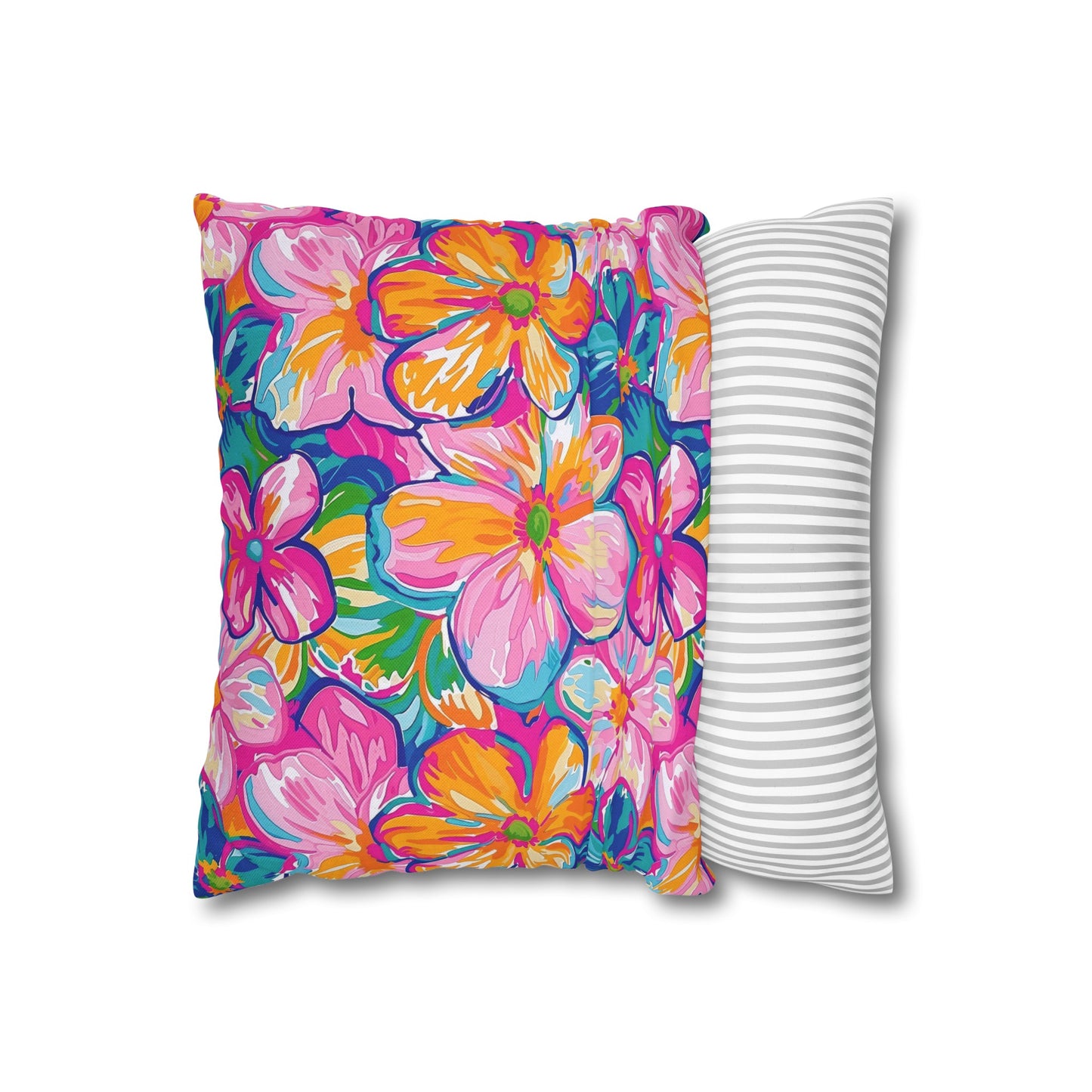 Chromatic Blossoms: Large Watercolor Flowers in Mixed Pinks, Blues, and Oranges Spun Polyester Square Pillowcase 4 Sizes