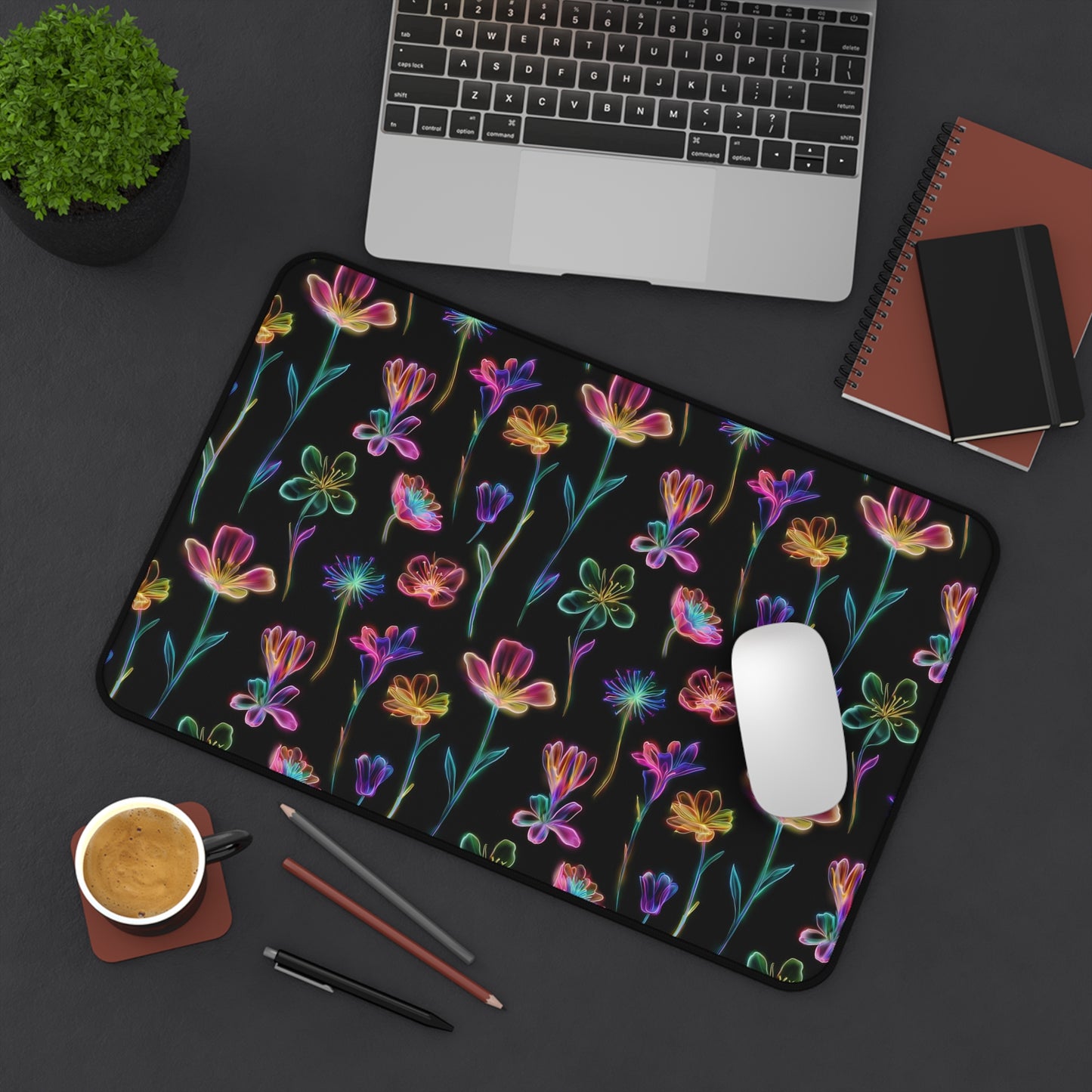Neon Spring Flowers Deskmat , Floral Dark Desk Decoration, Floral Large Mousepad, Gaming Desk Mat, Desktop Accessory