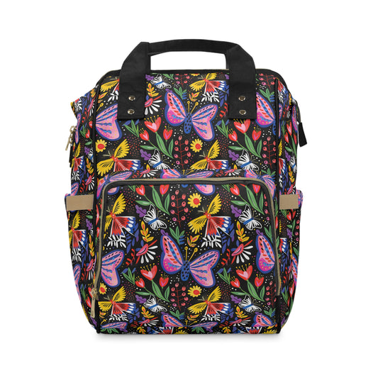 Midnight Whimsy: Hand-drawn Flowers, Butterflies, and Bursting Blooms in a Moonlit Garden Multifunctional Diaper Backpack