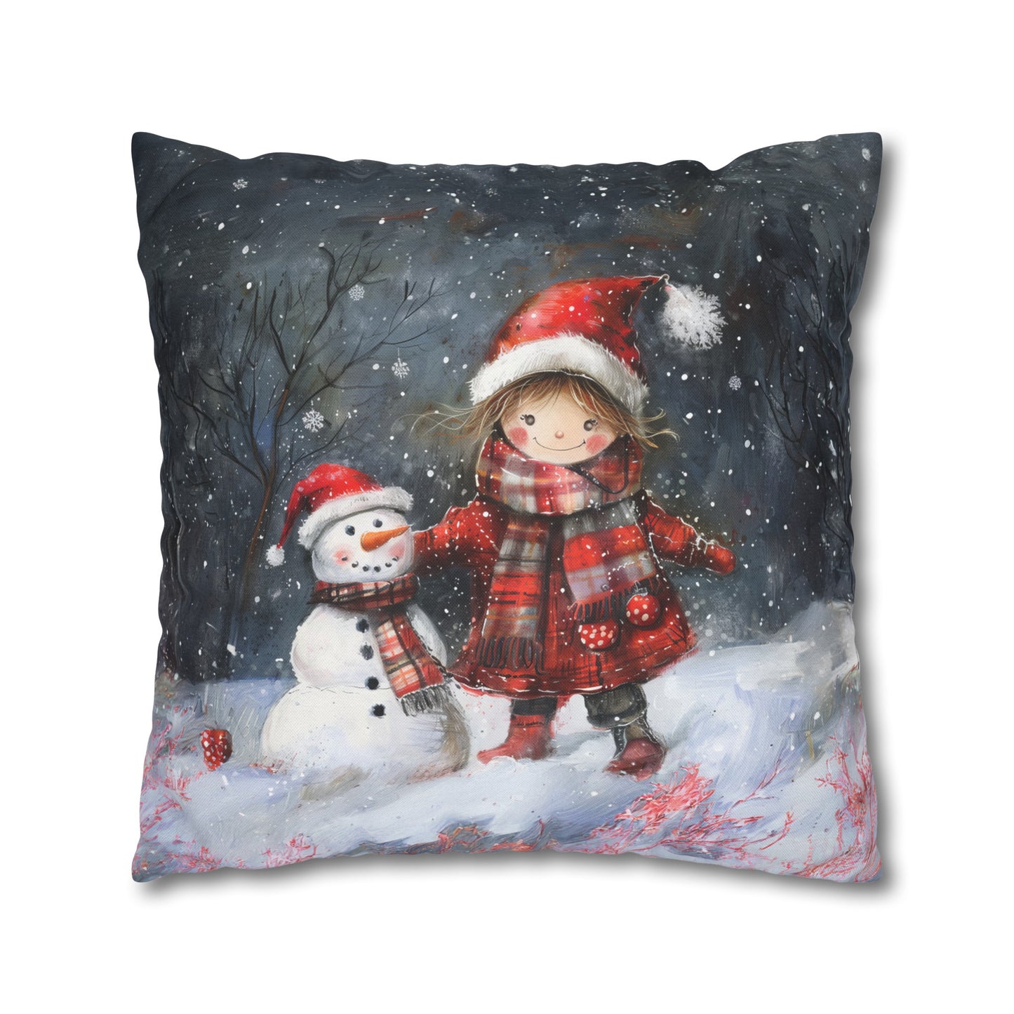 Little Girl and Snowman Sharing Winter's Wonder Spun Polyester Square Pillowcase 4 Sizes