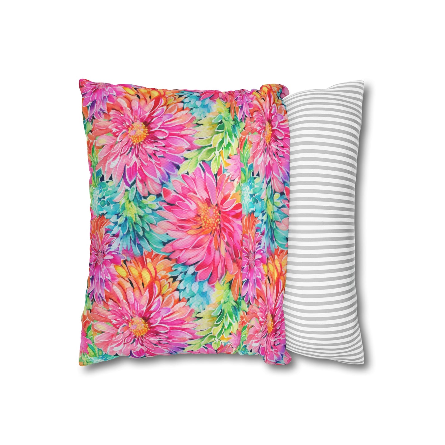 Blooming Spectrum: Large Vibrant Watercolor Flowers in Full Bloom Spun Polyester Square Pillowcase 4 Sizes