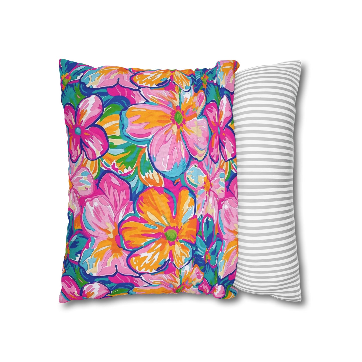 Chromatic Blossoms: Large Watercolor Flowers in Mixed Pinks, Blues, and Oranges Spun Polyester Square Pillowcase 4 Sizes