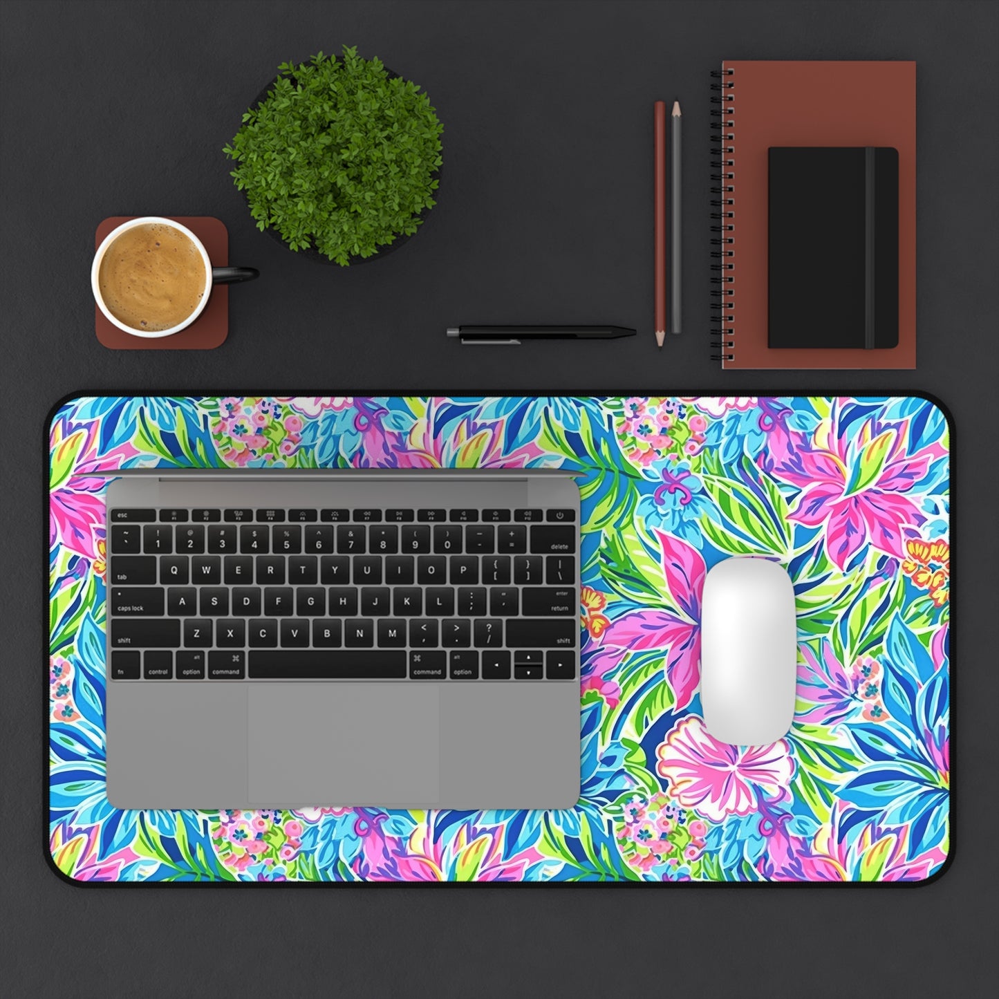 Summer Harmony: Pink and Blue Blooms with Lush Green Leaves  Desk Mat Extended Gaming Mouse Pad - 3 Sizes