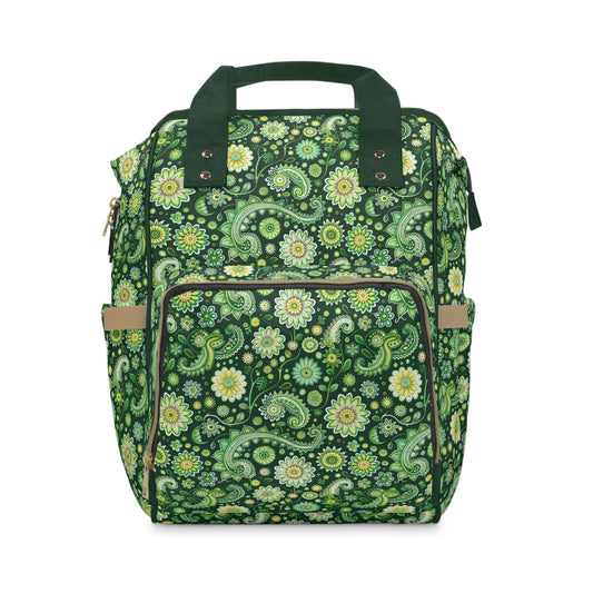 Emerald Oasis in Lush Paisley and Floral Mandala in Soothing Green Tones Multifunctional Diaper Backpack