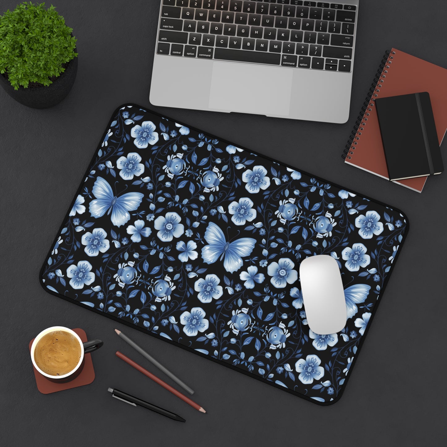 Enchanted Blue Butterflies and Blooms on Black Extended Gaming Mouse Pad  Desk Mat  - 3 Sizes