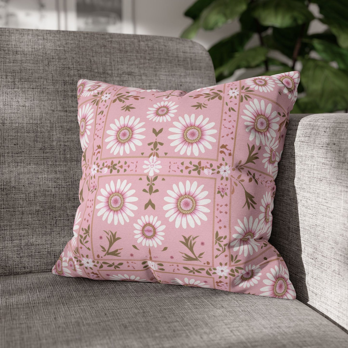 Charming Daisy Pink and White Floral Tile Pattern Spun Polyester Square Pillowcase 4 Sizes