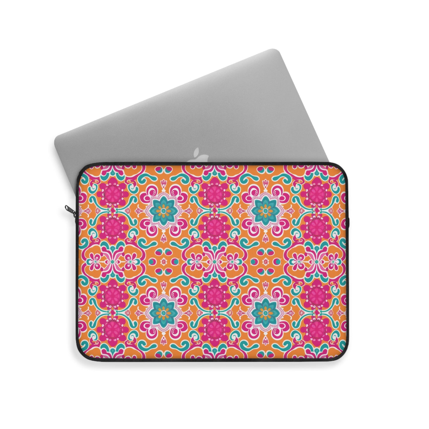 Kaleidoscope of Warm Tangerine, Lush Teal, and Lively Pink Blooms Laptop or Ipad Protective Sleeve 3 Sizes Available