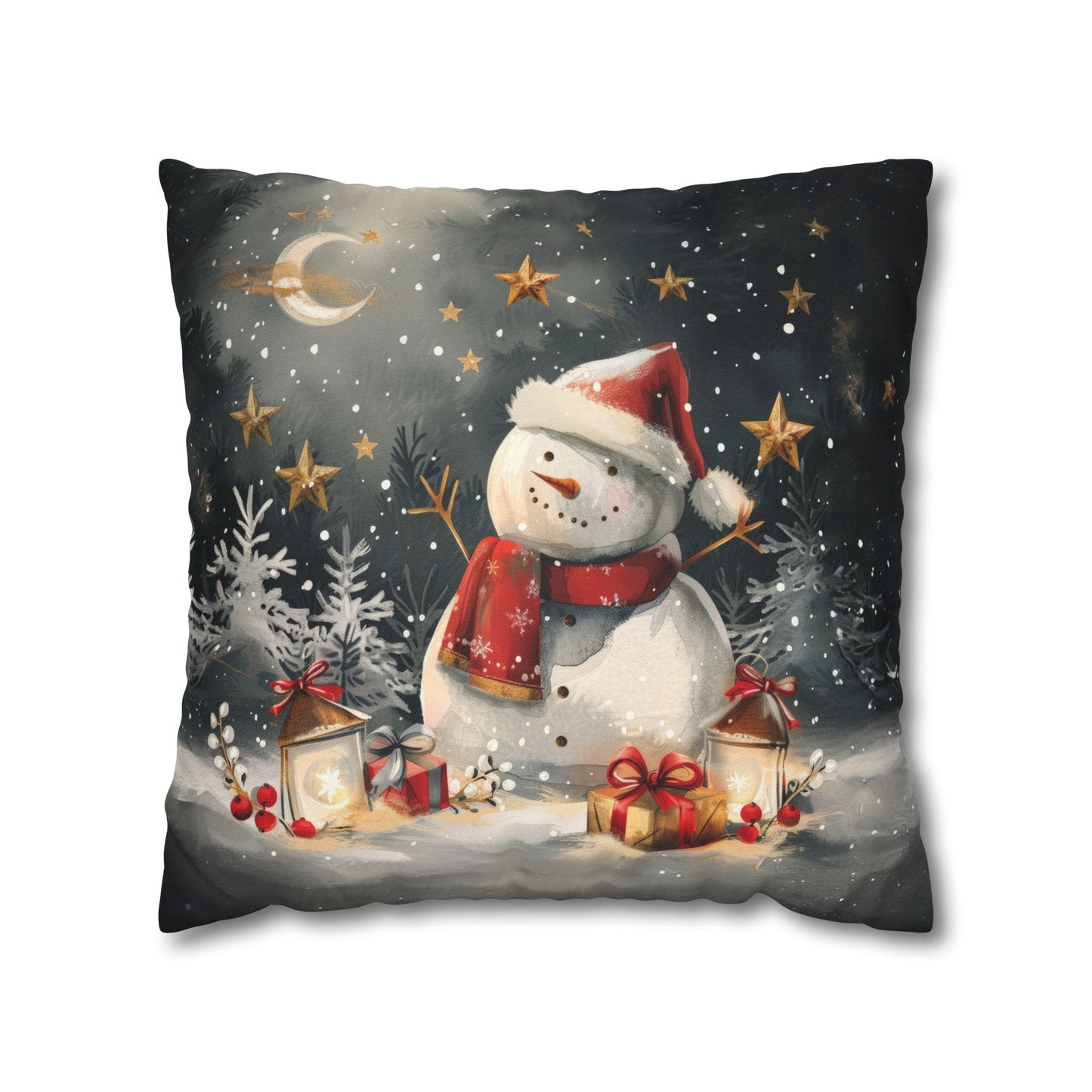 Snowman Beneath a Canopy of Stars, Surrounded by Presents Spun Polyester Square Pillowcase 4 Sizes