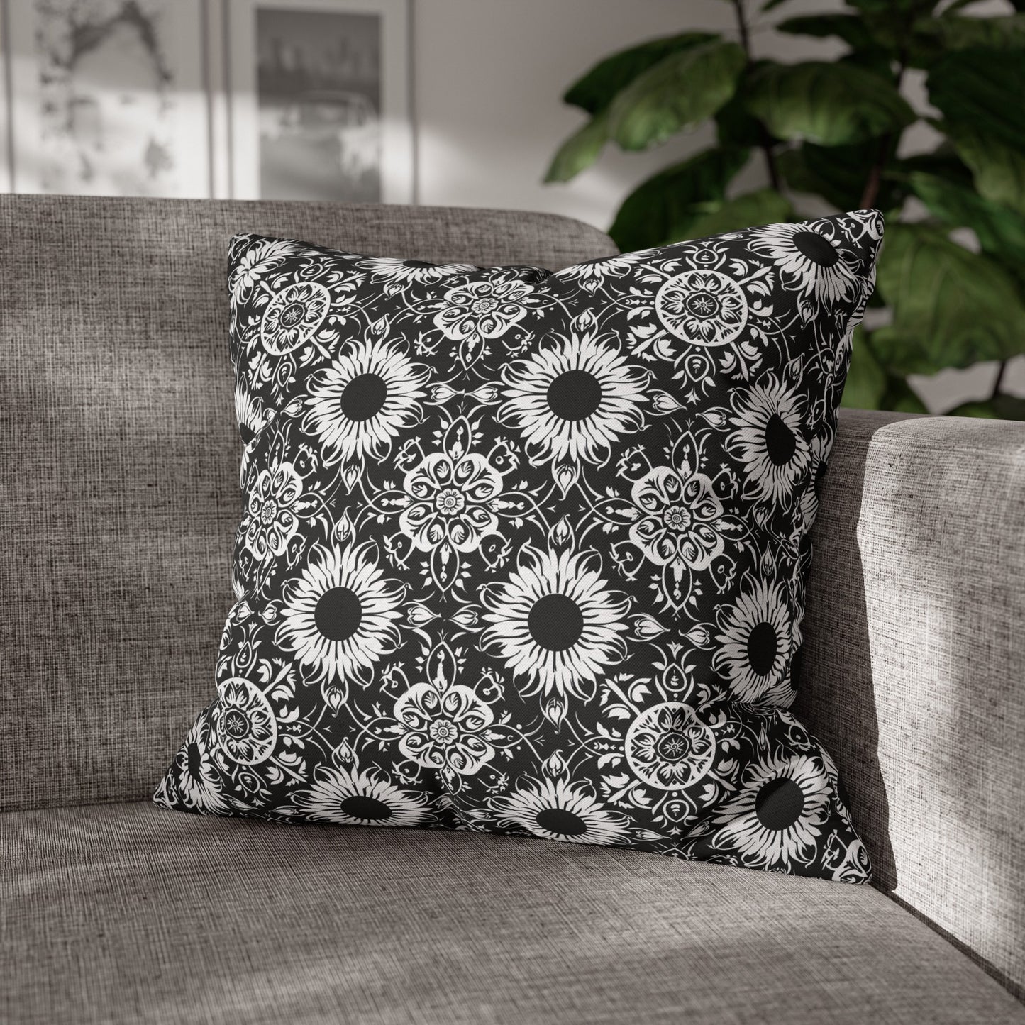 Elegant Mandala Design with Black and White Sunflowers Spun Polyester Square Pillowcase 4 Sizes