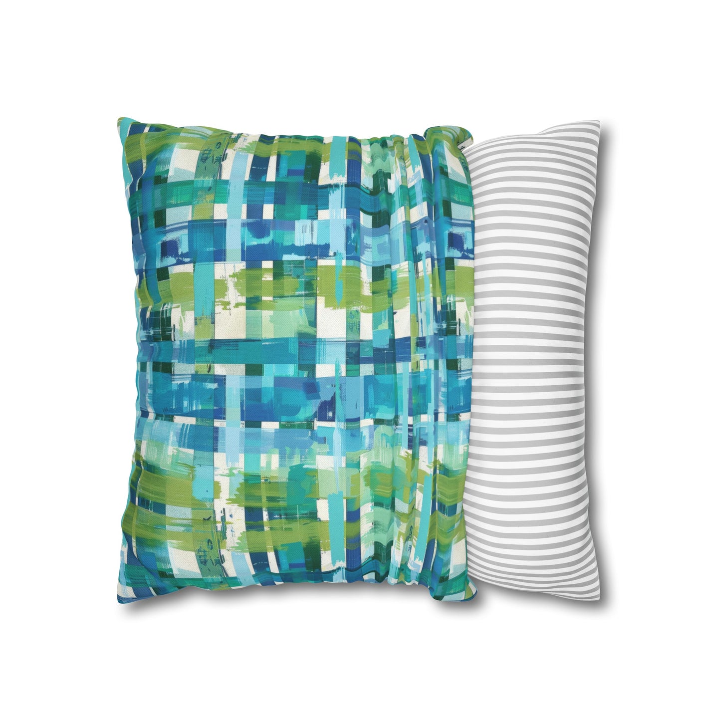 Enchanted Lagoon: Vibrant Green and Blue Abstract Plaid Spun Polyester Square Pillowcase 4 Sizes