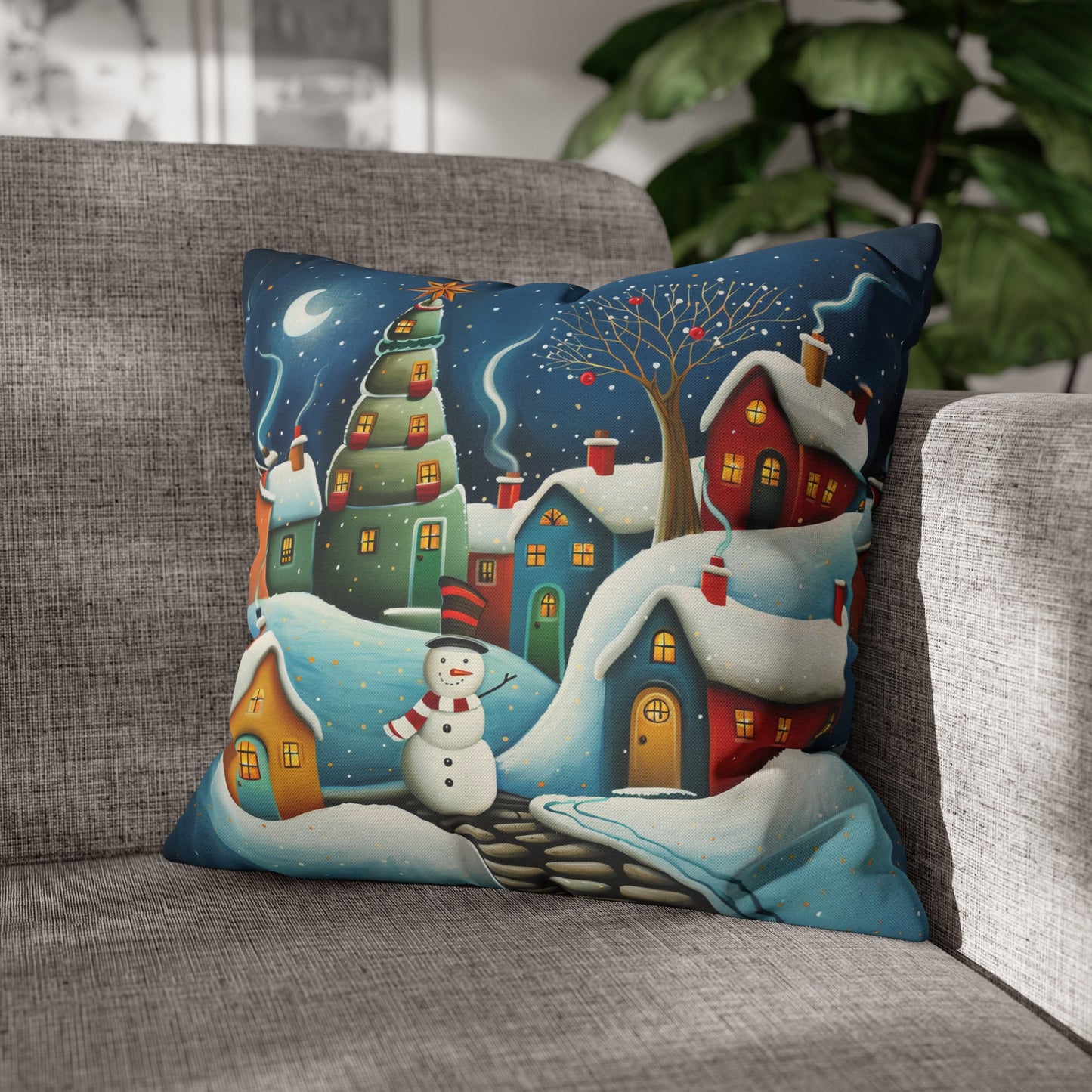 Starry Snowman Serenade: Village under a Starry Night Sky Spun Polyester Square Pillowcase 4 Sizes