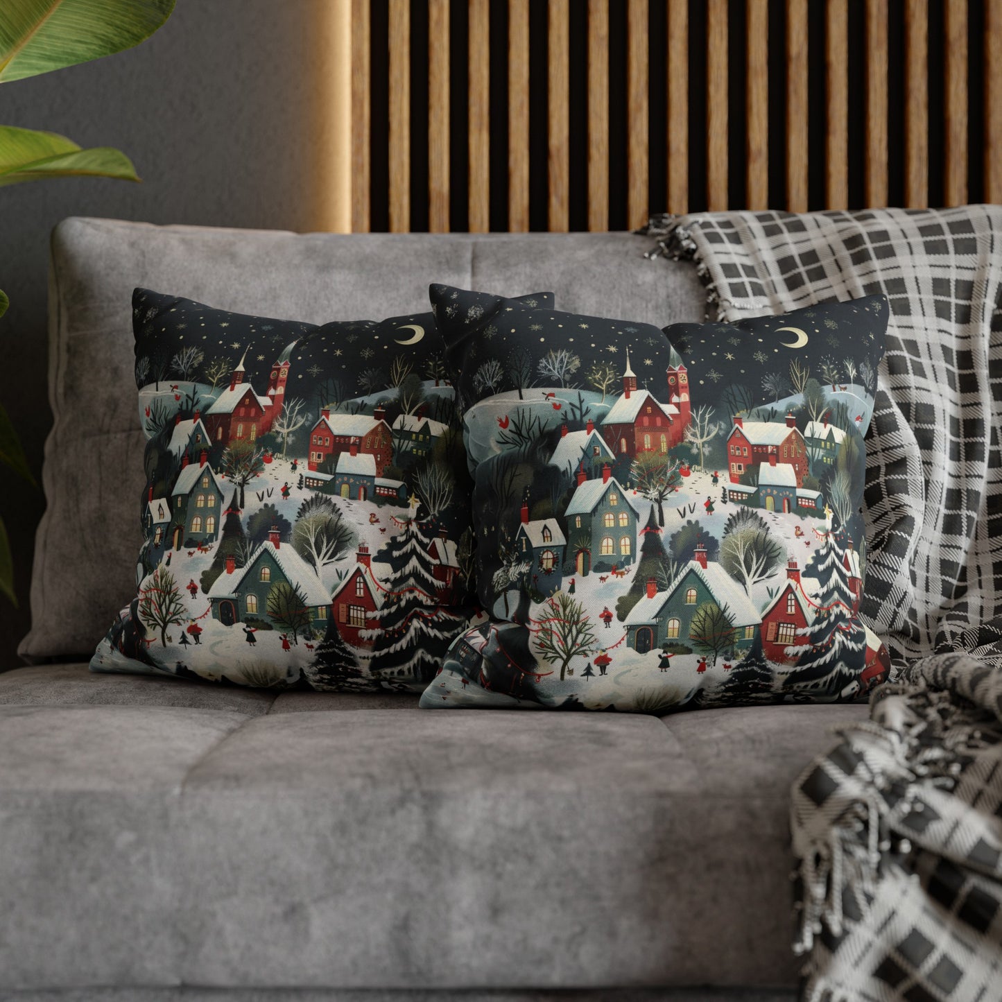 Vintage Winter Village: Old-Fashioned Country Town in a Snowy Christmas Scene Spun Polyester Square Pillowcase 4 Sizes