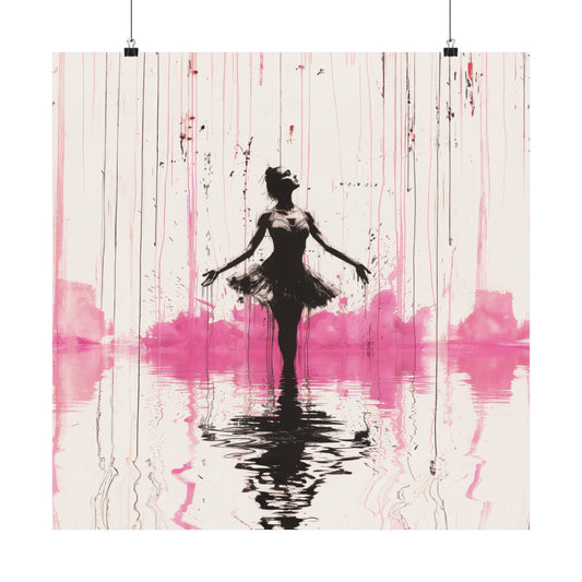 Poetic Elegance: Ballerina Dancing in Pink Rain, Reflecting the Beauty of Ballet Print on Matte Poster - 11 Sizes