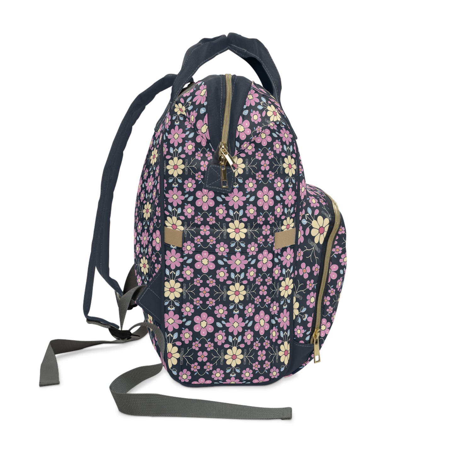 Charming Pastel Pink and Yellow Flowers on Navy Blue Background Multifunctional Diaper Backpack